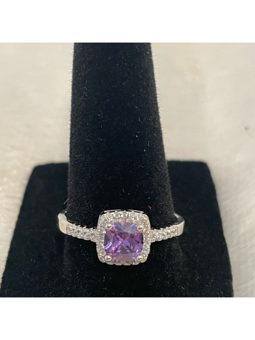 Women’s size 9 square cut amethyst center sone with Moissanite halo ring